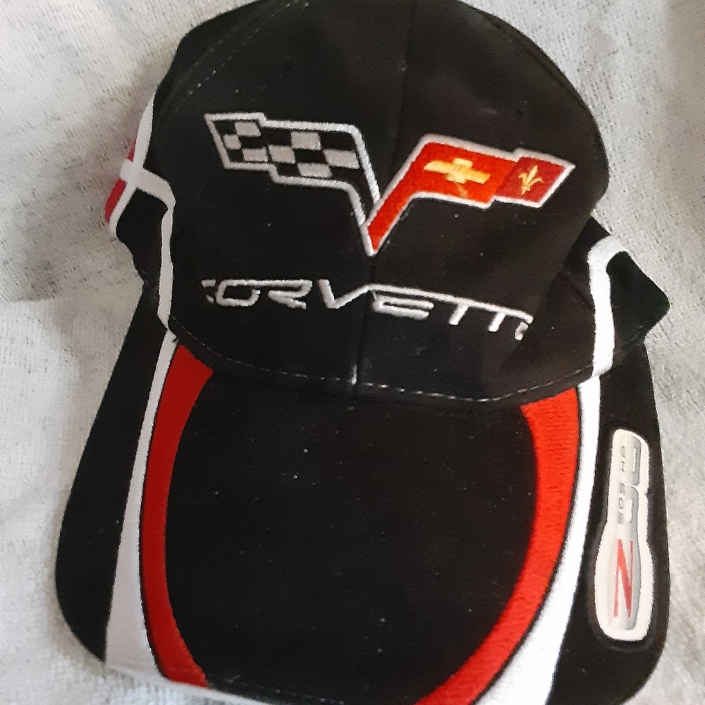 Corvette Black Cap Hat One Size Adjust Strap Unisex Grey Red Checkered Flag Hat